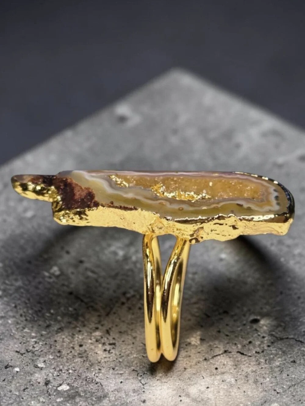 18k Gold Plated Artisan Tigers Eye Agate Geode Stone Statement Ring